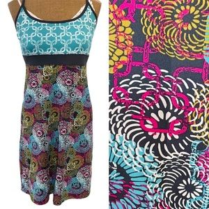 Yoga, athletic, outdoor pull over dress racer back color block brown teal